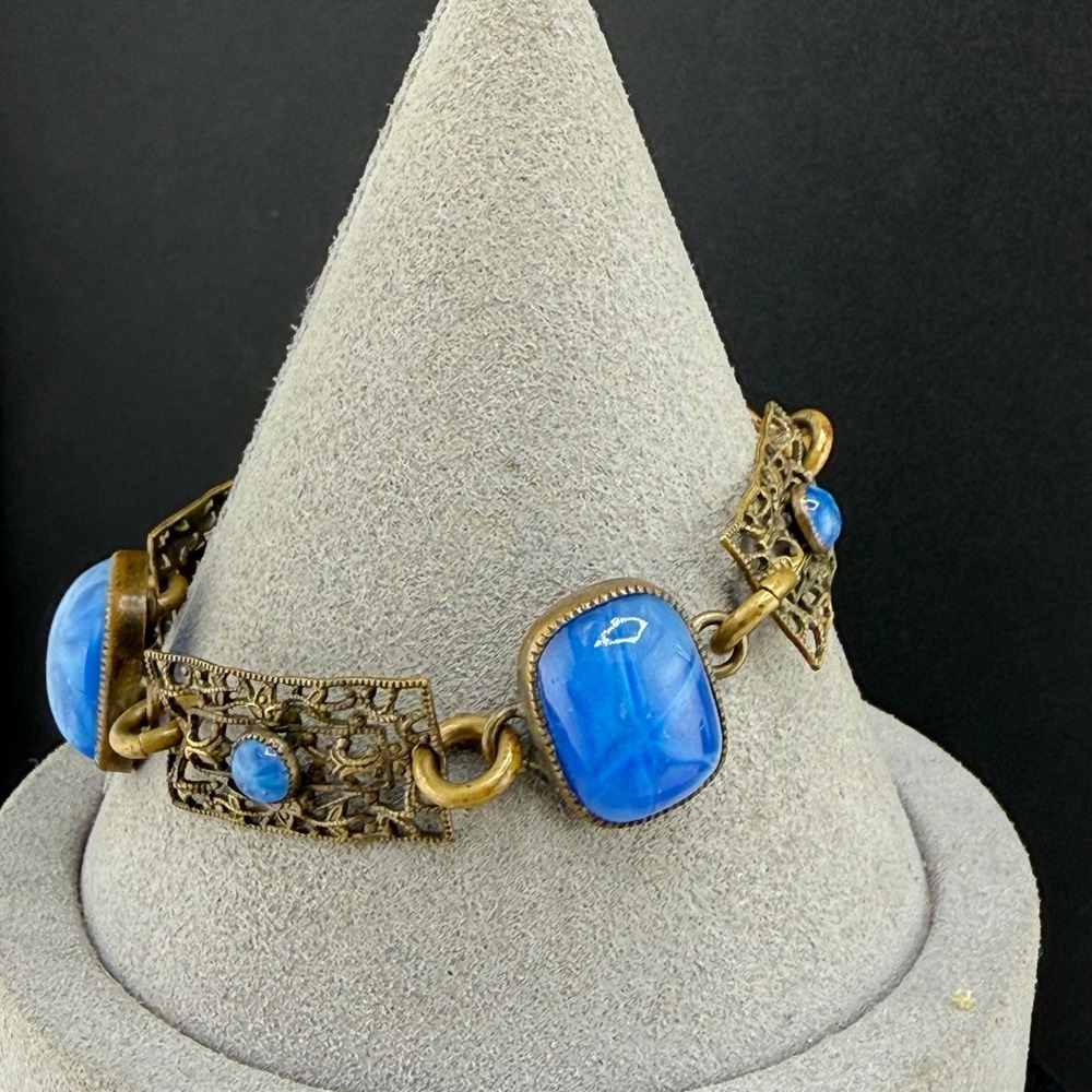 Vintage Bracelet Blue Star Brass Art Deco Revival Ornate Link 6.5